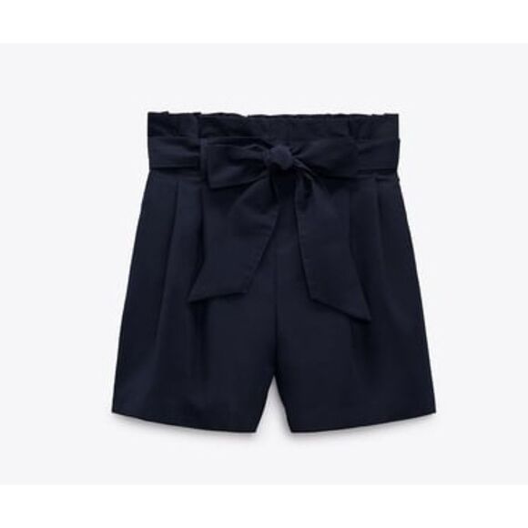 NWT ZARA Paperbag Poplin Bermuda Shorts, Navy Blue, Size L